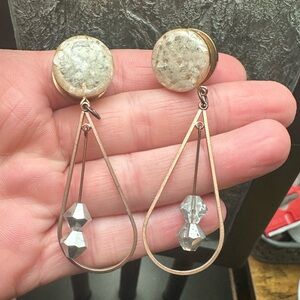 Pearl Crushed Glass and Silver Gem Dangle Earring Rose Gold Plugs Size 9/16 14mm
